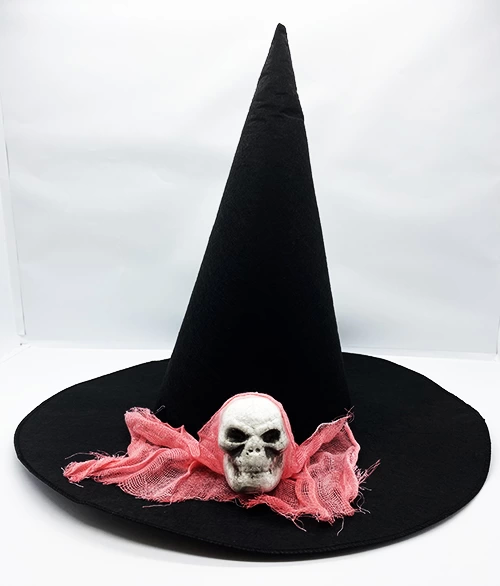 Black Color Pink Duvaklı Dry Head Theme Witch Hat 35x38 Cm