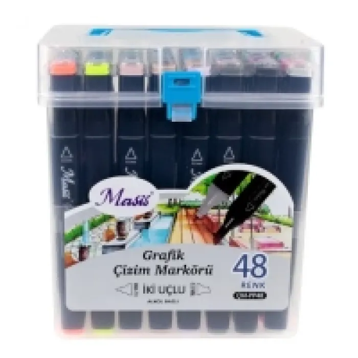 Masis Grafik Çizim Markörü İki Uçlu 48 Renk Şeffaf Pp Kutu Çm-pp48
