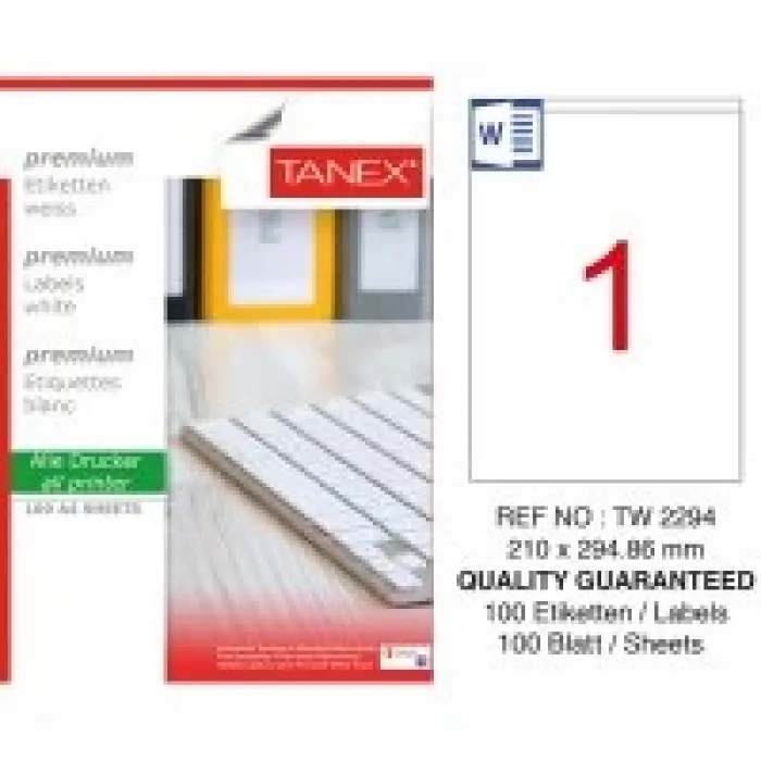 Tanex Lazer Etiket Tw-2294 210*294.86 Mm Beyaz 100lü