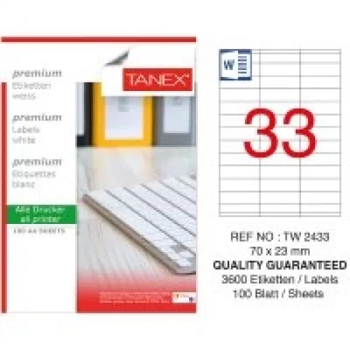 Tanex Lazer Etiket Tw-2433 70*23 Mm Beyaz 100lü