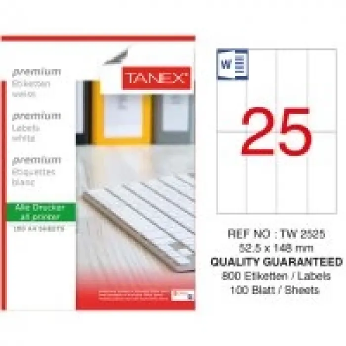 Tanex Lazer Etiket Tw-2525 52.5*148.5 Mm Beyaz 100lü
