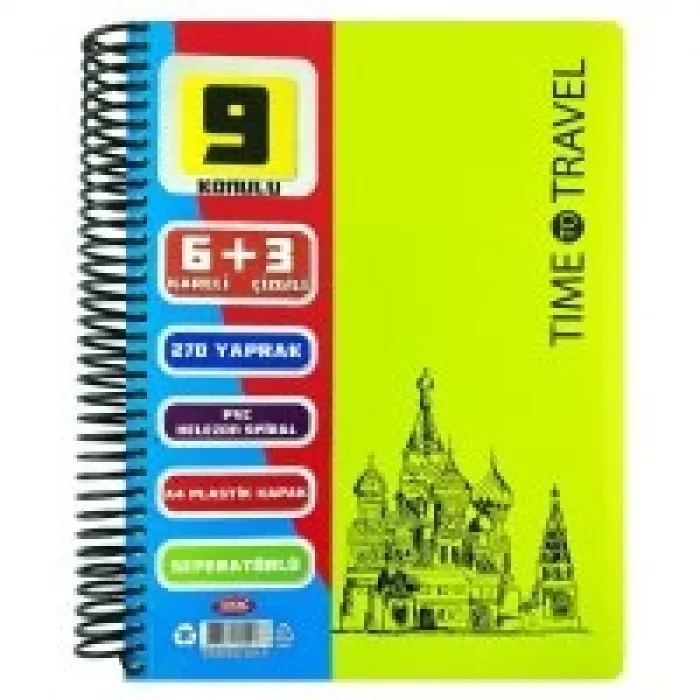 Tokaç Ayraçlı Defter 6+3 Pp Kapak Spiralli 9 Bölmeli 270 Yaprak 70 Gram Tok-79044