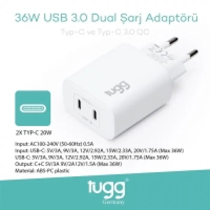 Tugg Germany 104407 Şarj Başlık Type-c+type-c Girişli 36w