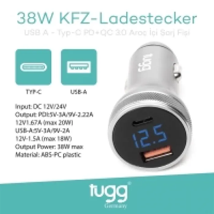 Tugg Germany 104500 Kfz Araç Şarj Başlık 38w Usb-type-c Girişli