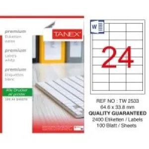 Tanex Lazer Etiket Tw-2533 64.6*33.8 Mm Beyaz 100lü