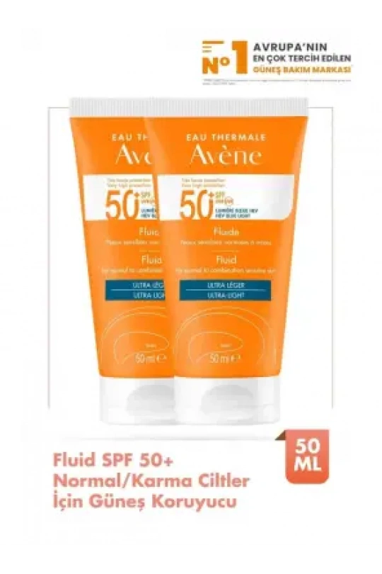 Avene Fluide SPF 50+ Normal/ Karma Ciltler için Güneş Koruyucu 50 ml - 2 Adet