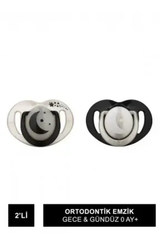 Mamajoo Sterilizasyon & Saklama Kutulu Pearl & Black Desenli İkili Ortodontik Emzik Gece & Gündüz 0 Ay+