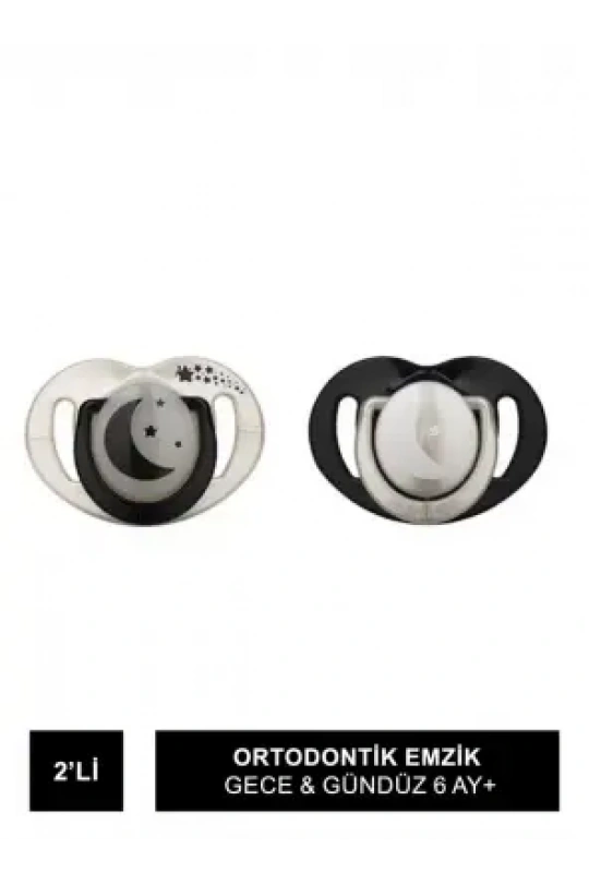 Mamajoo Sterilizasyon & Saklama Kutulu Pearl & Black Desenli İkili Ortodontik Emzik Gece & Gündüz 6 Ay+
