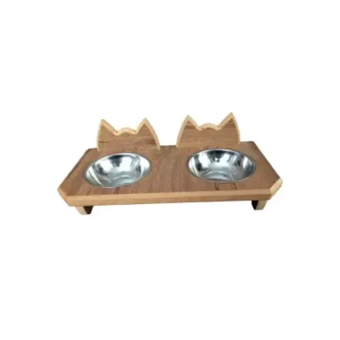 Ahşap Standtlı Mama Kabı İkili Büyük