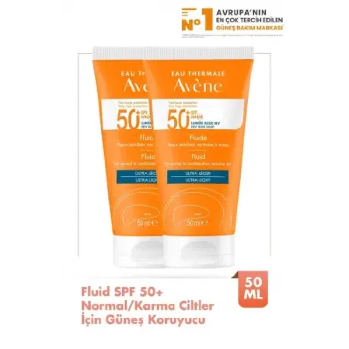 Avene Fluide SPF 50+ Normal/ Karma Ciltler için Güneş Koruyucu 50 ml - 2 Adet