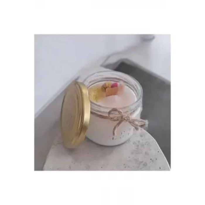 Ebruli Sanat Tasarım %100 Soya Wax Ev Dekorasyonu Cam Kavanoz Çiçek Süslemeli Beyaz Mum