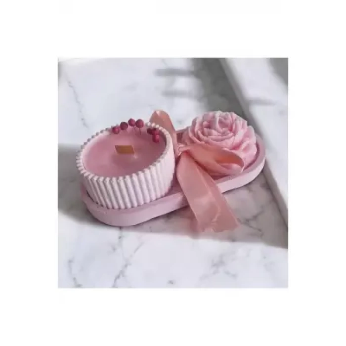 Ebruli Sanat Tasarım 3’lü Set Pembe Beton Döküm ve Soya Wax Mum Seti