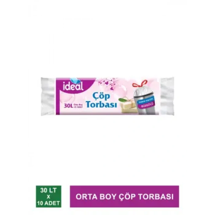 İdeal Orta Boy Çöp Torbası / Büzgülü ve Beyaz Sabun Kokulu 10 Adet - 50x60 cm-