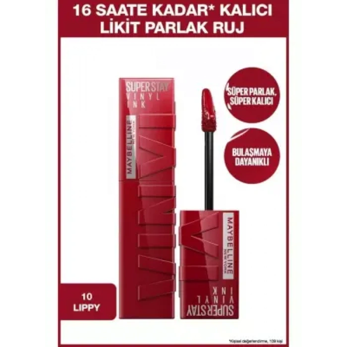 Maybelline New York Super Stay Vinyl Ink Uzun Süre Kalıcı Likit Parlak Ruj - 10 LIPPY