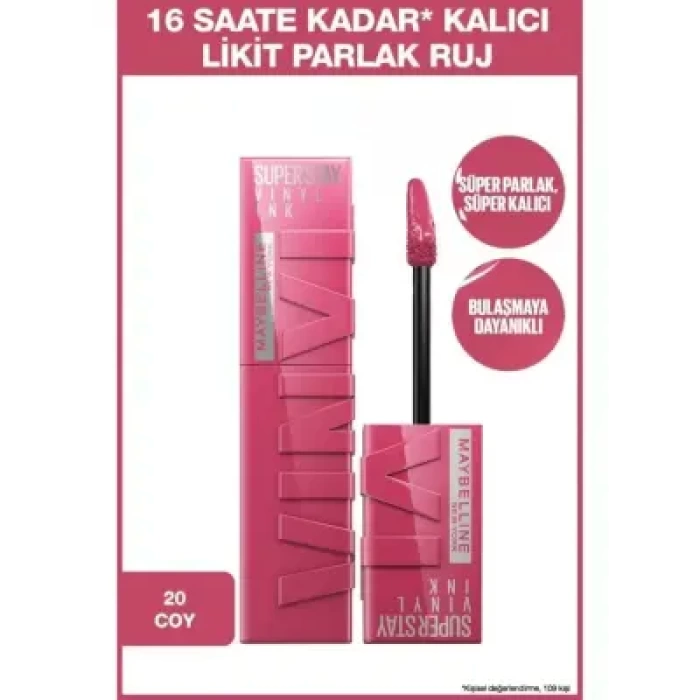 Maybelline New York Super Stay Vinyl Ink Uzun Süre Kalıcı Likit Parlak Ruj - 20 COY