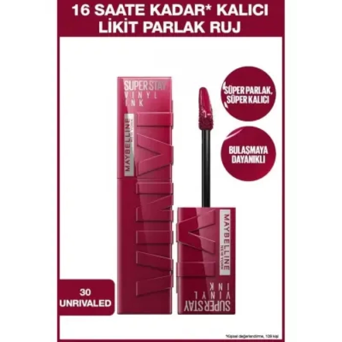 Maybelline New York Super Stay Vinyl Ink Uzun Süre Kalıcı Likit Parlak Ruj - 30 UNRIVALED