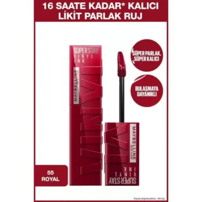 Maybelline New York Super Stay Vinyl Ink Uzun Süre Kalıcı Likit Parlak Ruj - 55 ROYAL