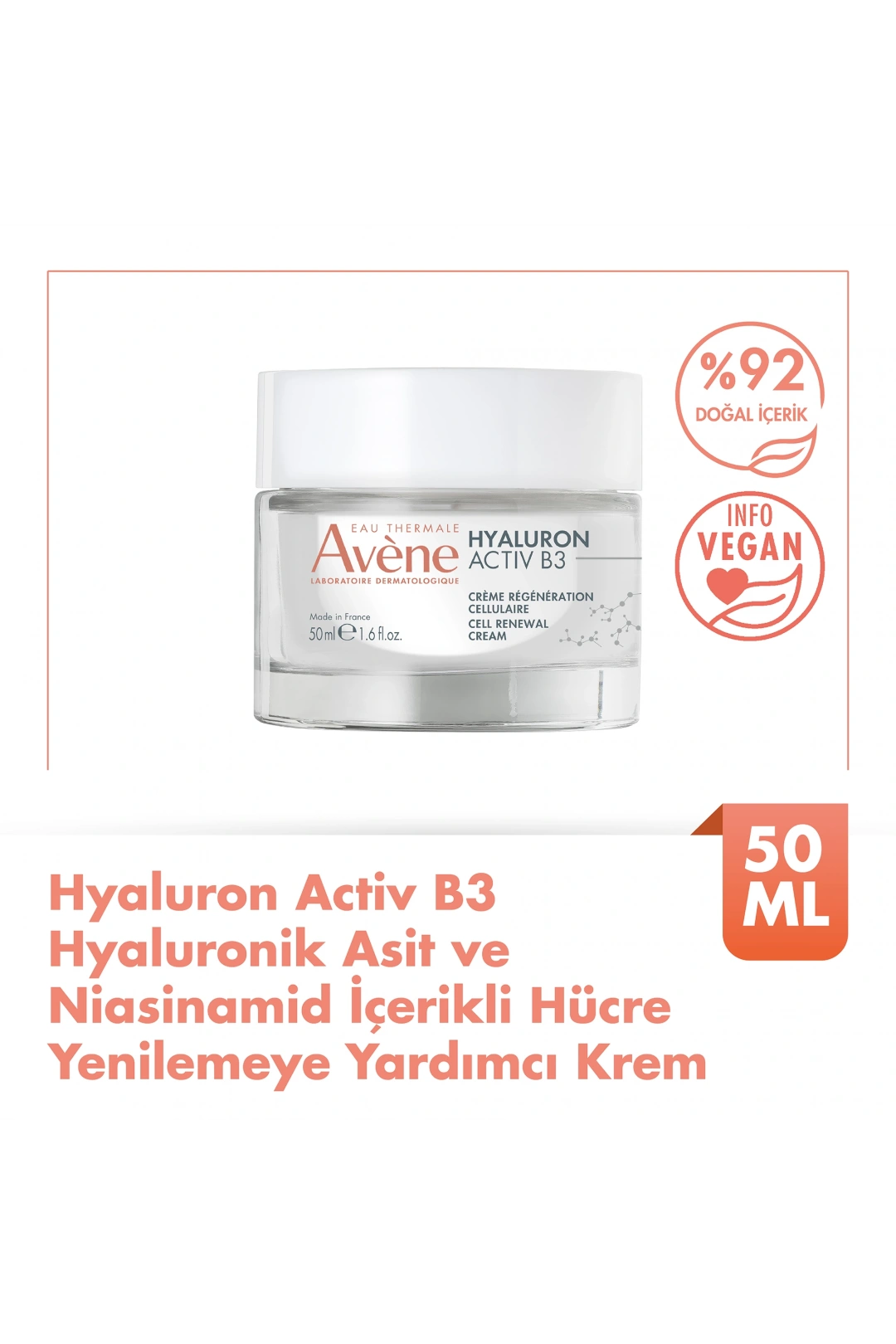 Avene Hyaluronik Asit ve Niasinamid İçerikli Hücre Yenilemeye Yardımcı Krem 50 ml
