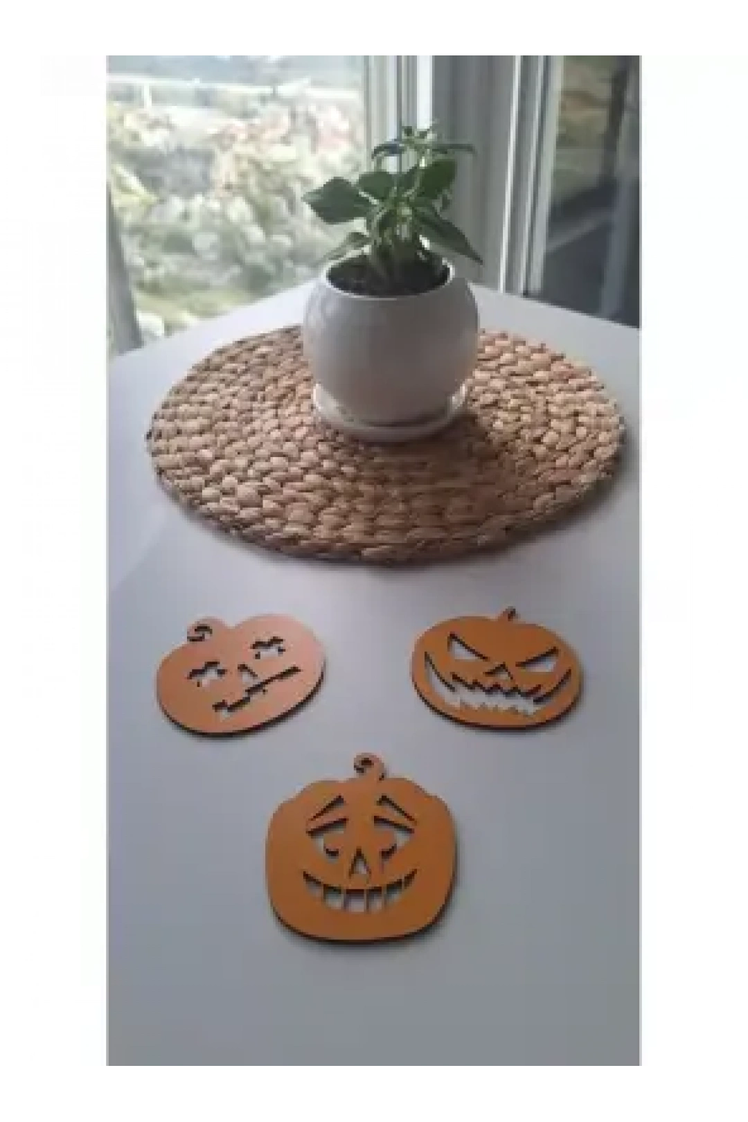 Ebruli Sanat Tasarım Cadılar Bayramı ve Bal Kabağı Konsepti Bardak Altlığı Turuncu