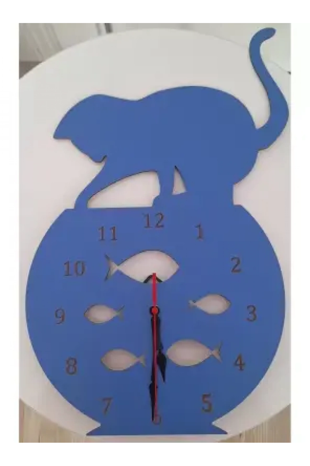 Ebruli Sanat Tasarım Kedi ve Balık Temalı Mavi Duvar Saati