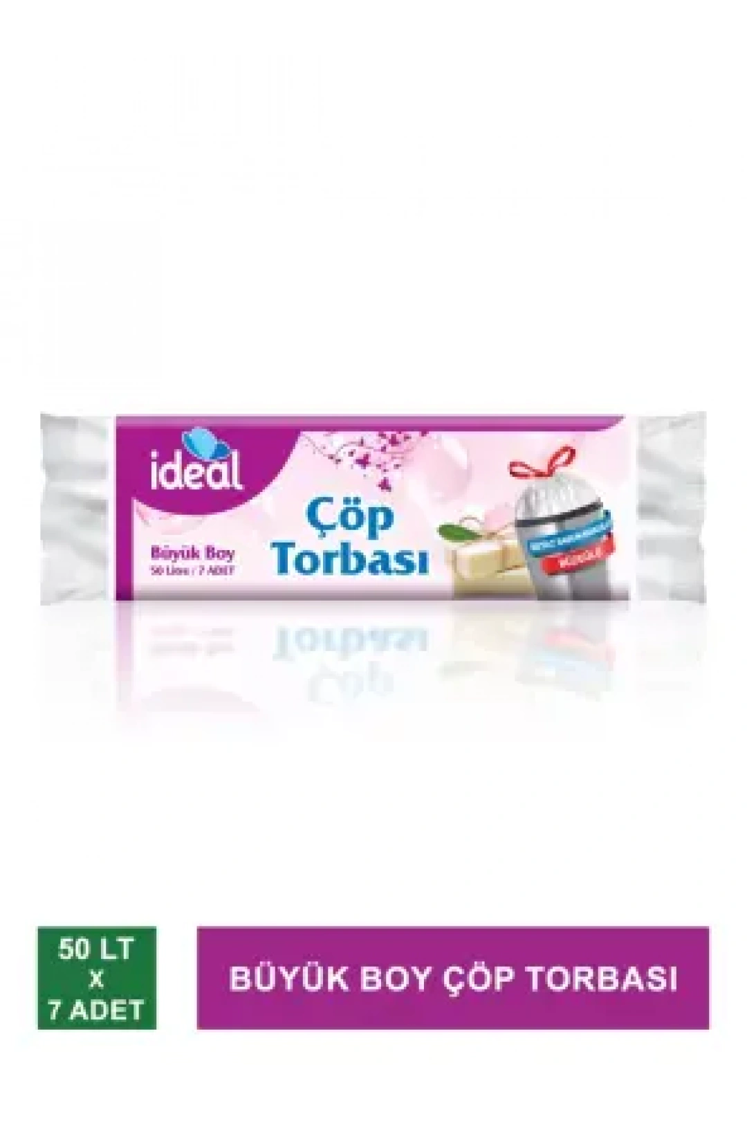 İdeal Büyük Boy Çöp Torbası / Büzgülü ve Beyaz Sabun Kokulu 7 Adet - 65x70 cm-