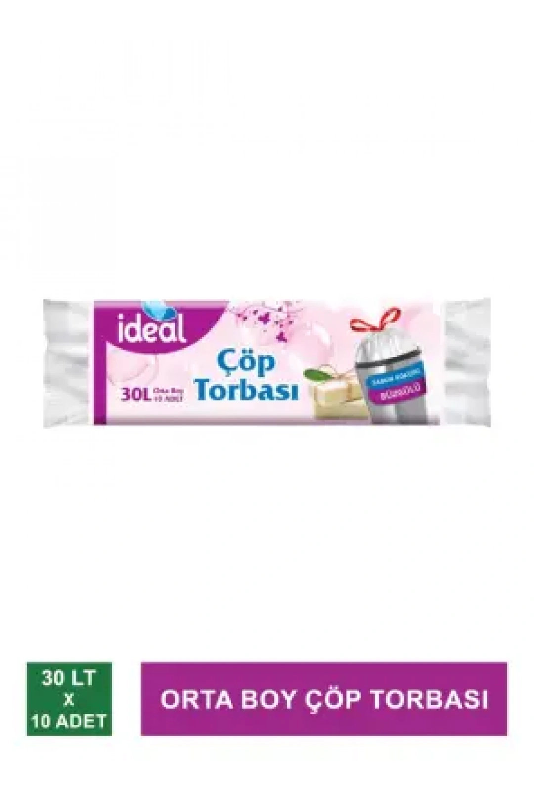 İdeal Orta Boy Çöp Torbası / Büzgülü ve Beyaz Sabun Kokulu 10 Adet - 50x60 cm-