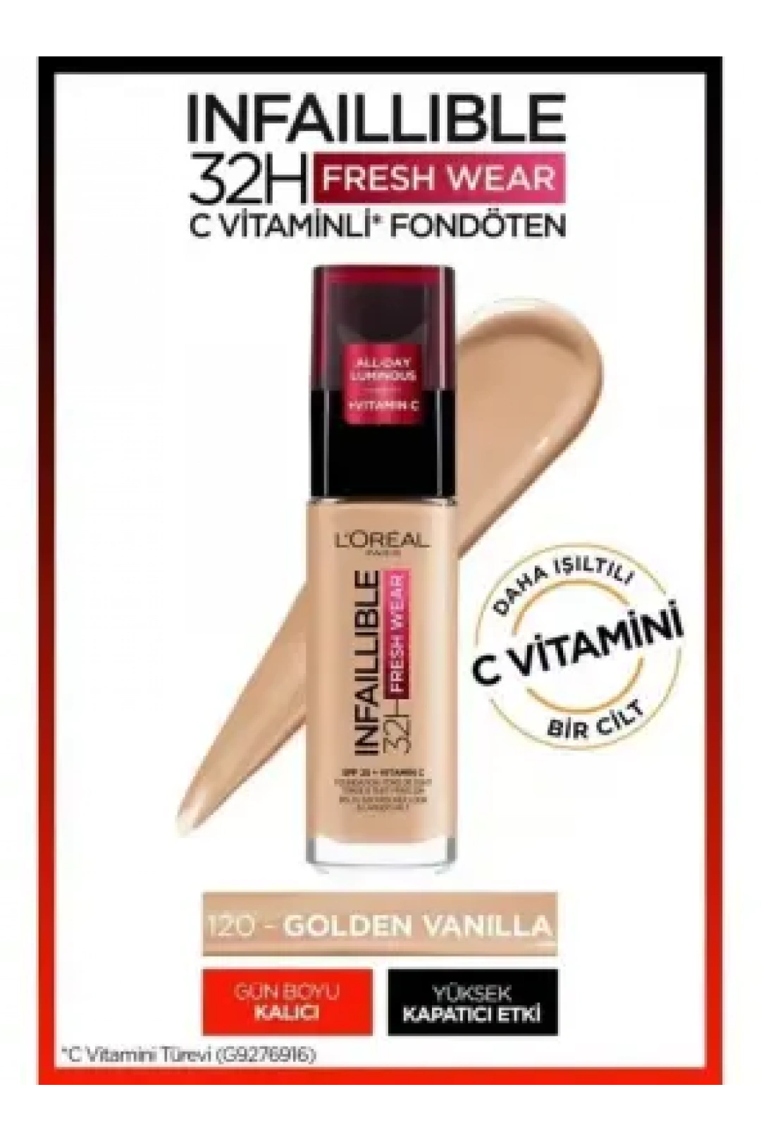 Loreal Paris Infaillible 32H Fresh Wear C Vitaminli Fondöten - 120 Vanille/Vanil 30ml