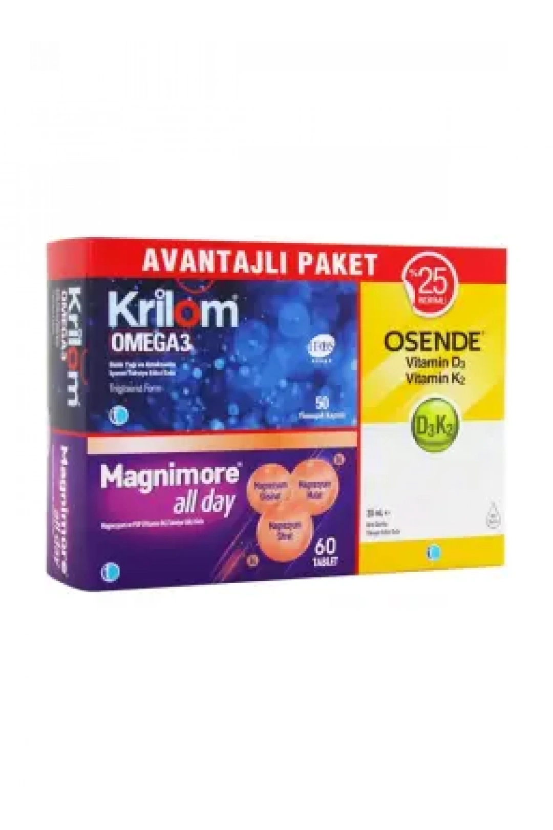 Tab İlaç Krilom Omega 3 50 Kapsül + Magnimore All Day 60 Tablet + Osende D3K2 20ml Damla | Avantajlı Paket
