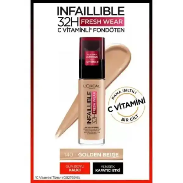 Loreal Paris Infaillible 32H Fresh Wear C Vitaminli Fondöten - 140 Beige Dore/Go 30ml