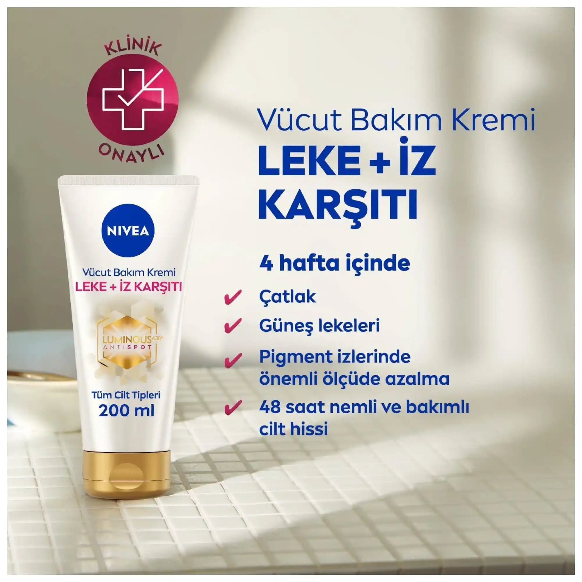 Nivea Luminous 630 Leke ve İz Karşıtı Vücut Bakım Kremi Çatlak ve Güneş Lekesi 48 Saat Nem 200 ml