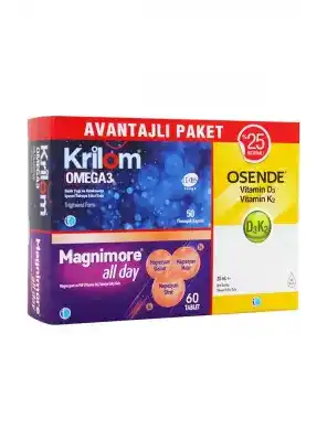 Tab İlaç Krilom Omega 3 50 Kapsül + Magnimore All Day 60 Tablet + Osende D3K2 20ml Damla | Avantajlı Paket