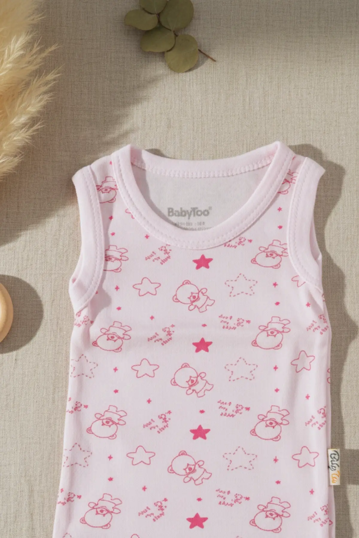 Bear Desenli Kolsuz % 100 Pamuk Kız Bebe Çıtçıtlı Body