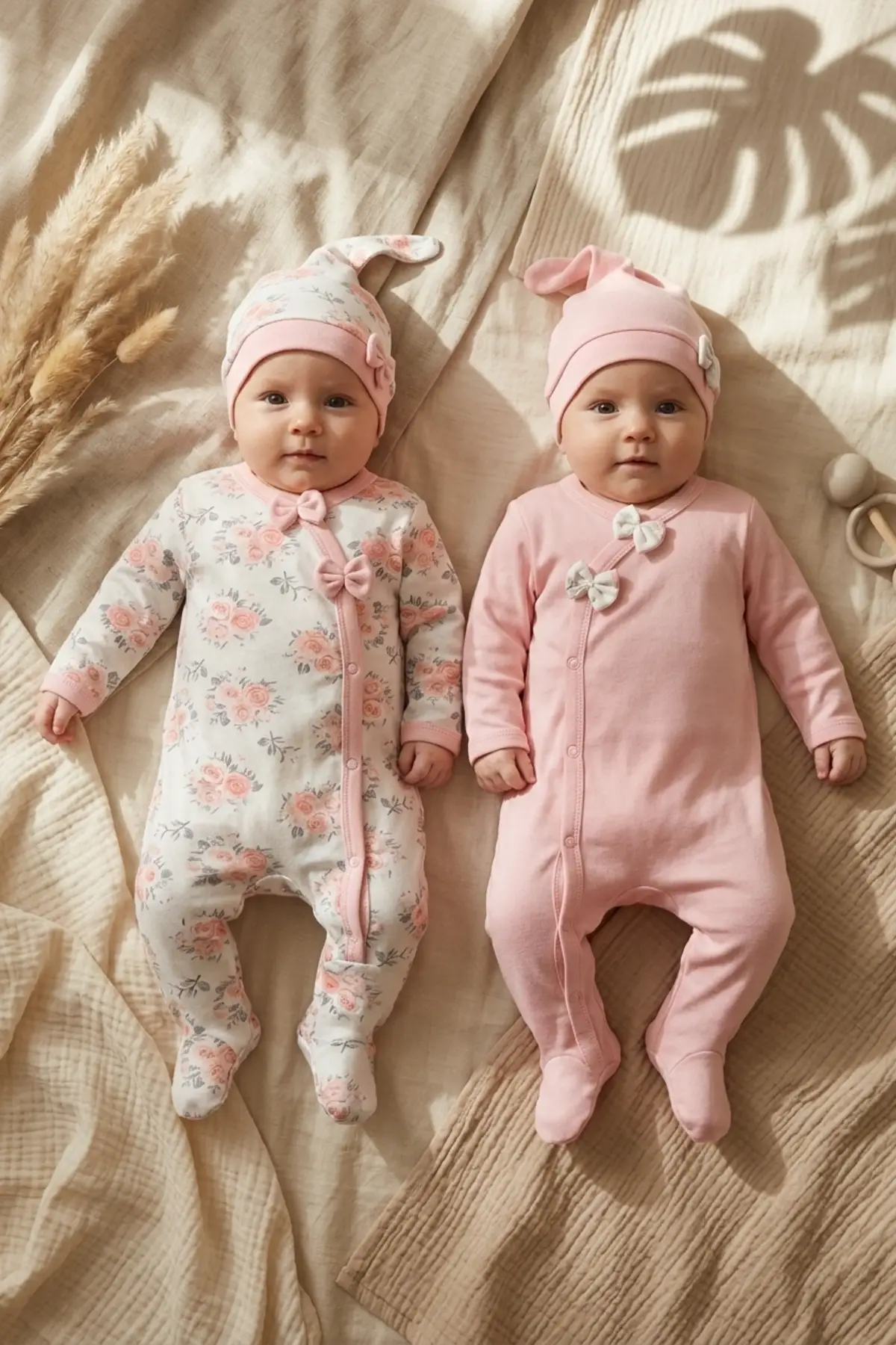 Çiçek Desenli % 100 Pamuk Kız Bebek 4lü Tulum Takımı