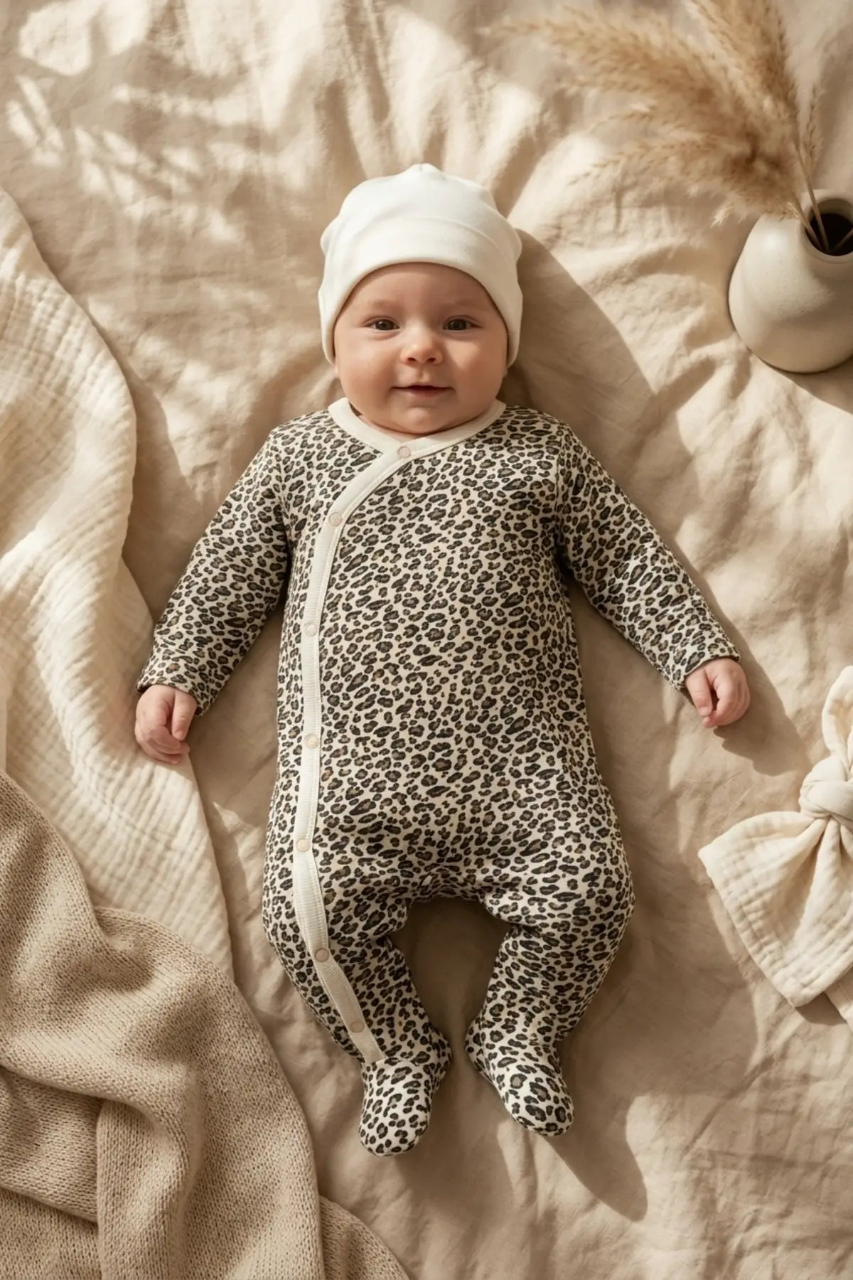 Leopar Desenli % 100 Pamuklu Kız Bebek 4lü Tulum Seti 0-6 Ay