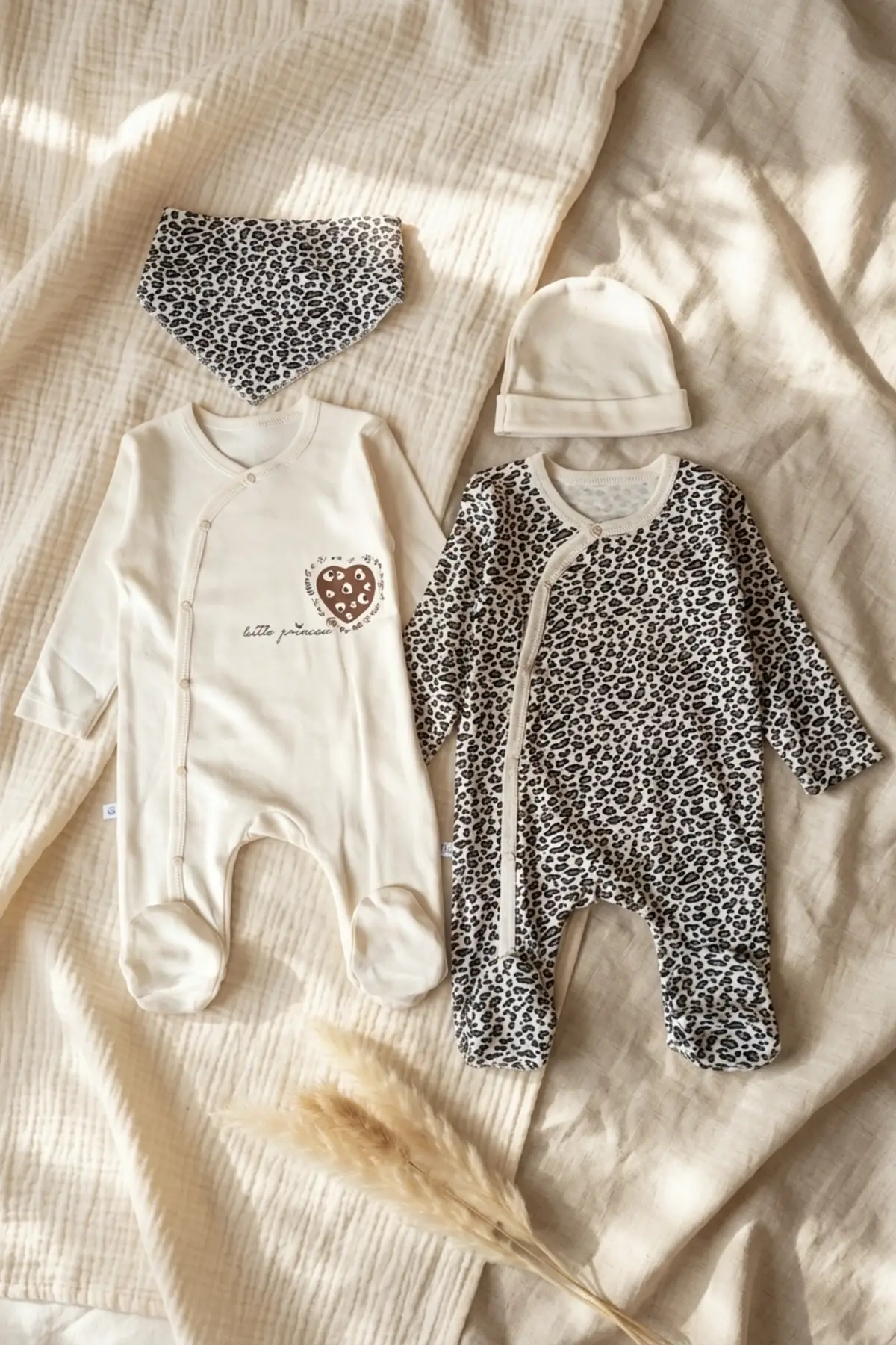Leopar Desenli % 100 Pamuklu Kız Bebek 4lü Tulum Seti 0-6 Ay
