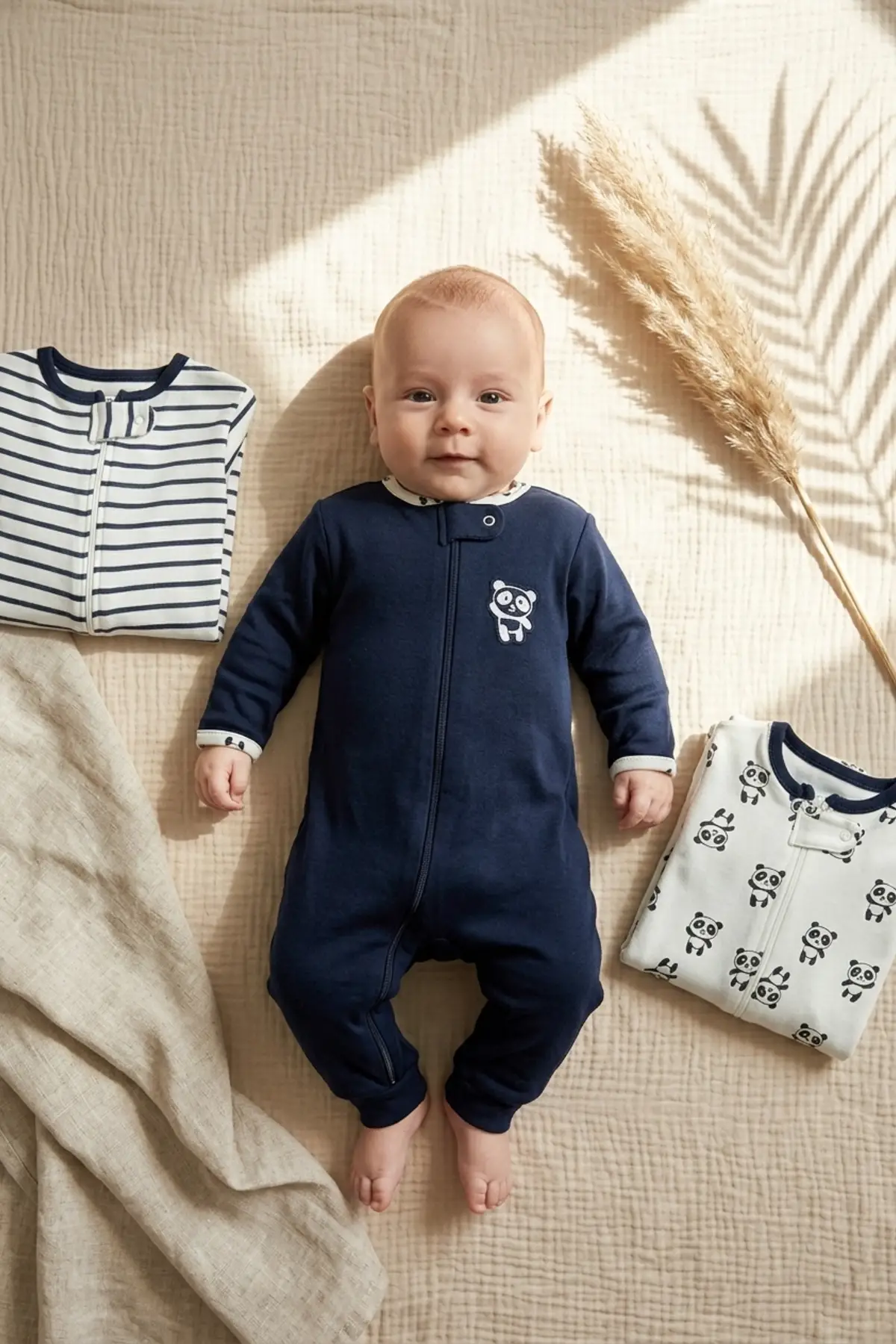 Premium %100 Pamuklu Panda Figürlü Bebek Tulum 3lü Set - Çene Korumalı Fermuarlı Yumuşak Doku
