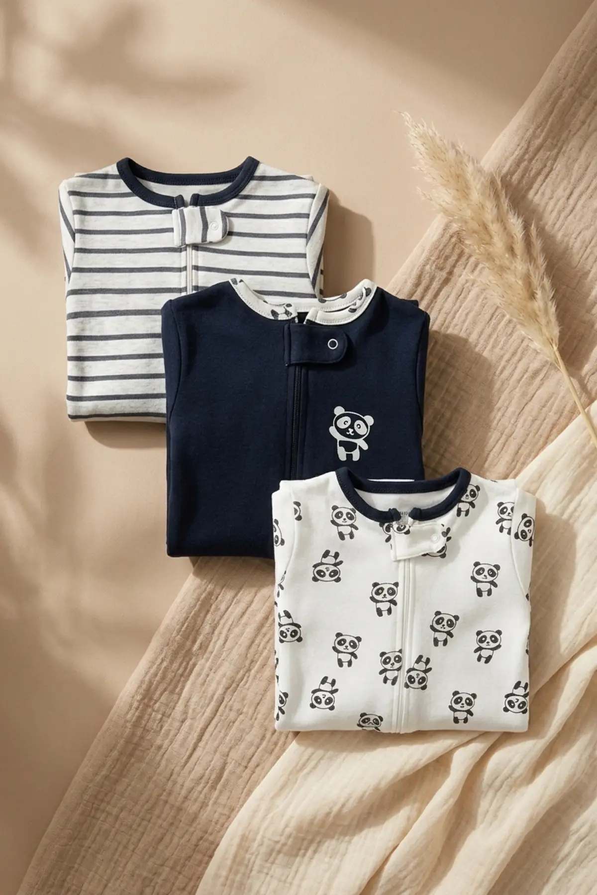 Premium %100 Pamuklu Panda Figürlü Bebek Tulum 3lü Set - Çene Korumalı Fermuarlı Yumuşak Doku