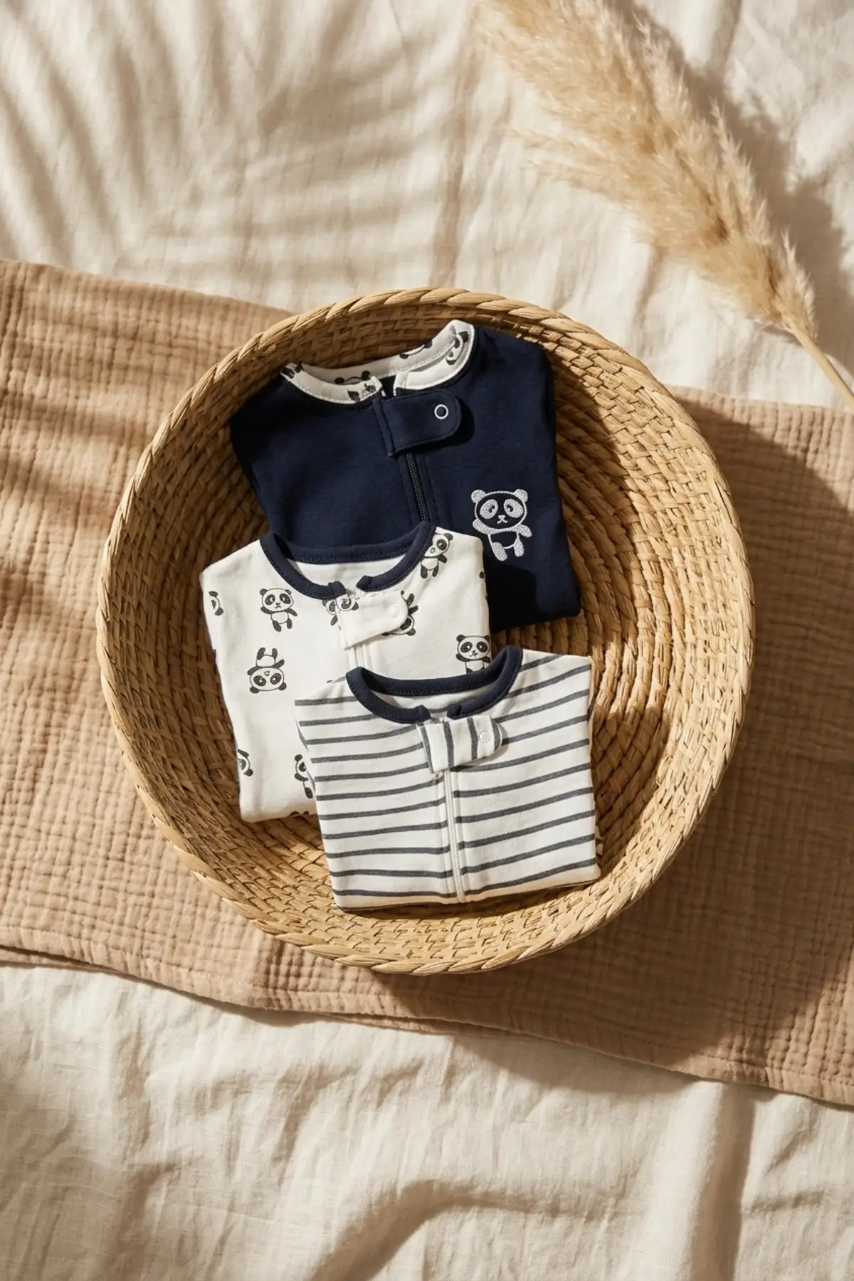 Premium %100 Pamuklu Panda Figürlü Bebek Tulum 3lü Set - Çene Korumalı Fermuarlı Yumuşak Doku