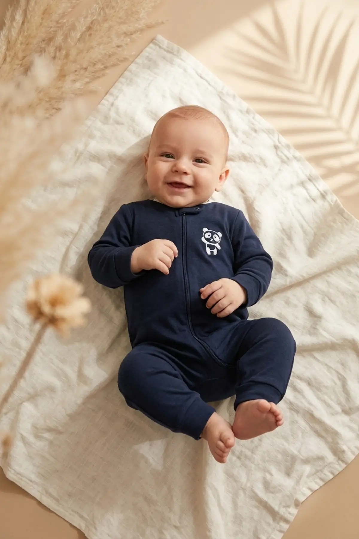 Premium %100 Pamuklu Panda Figürlü Bebek Tulum 3lü Set - Çene Korumalı Fermuarlı Yumuşak Doku