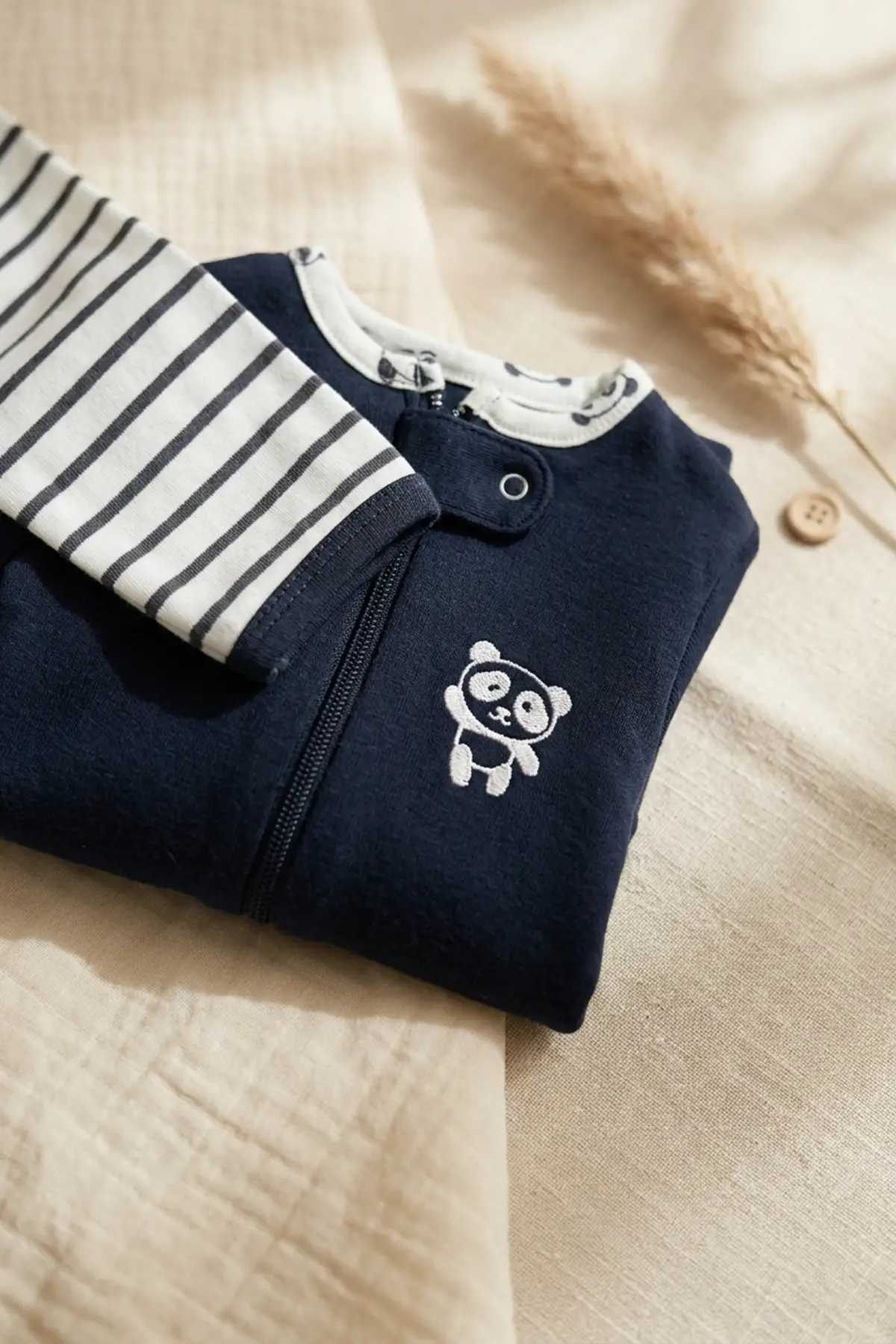 Premium %100 Pamuklu Panda Figürlü Bebek Tulum 3lü Set - Çene Korumalı Fermuarlı Yumuşak Doku