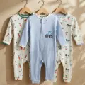 3lü Paket Pamuklu Fitilli Bebek Tulum Seti - Havuç ve Traktör Desenli Fermuarlı Tulum Seti