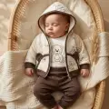 Bebek Teddy Bear Kapüşonlu Kapitone Ceket, Pamuklu Body ve Ribanalı Alt Eşofman 3lü Kombin Set - Ekru/Kahve
