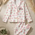 Gül Nakışlı % 100 Pamuk Kız Çocuk Pijama Takımı