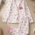 Gül Nakışlı % 100 Pamuk Kız Çocuk Pijama Takımı