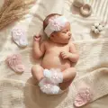 Luvia Petal 3lü Bebek Hediye Seti - 2 Çift Çiçekli Pamuklu Çorap ve Dantelli Saç Bandı - Pudra Pembe & Beyaz Prenses Kombini