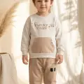 Milo Unisex Çocuk Bej & Ekru Funny Time Ayıcık Baskılı Kanguru Cepli Sweatshirt ve Jogger Alt Üst Takım