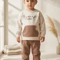 Milo Unisex Çocuk Bej & Ekru Funny Time Ayıcık Baskılı Kanguru Cepli Sweatshirt ve Jogger Alt Üst Takım