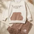 Milo Unisex Çocuk Bej & Ekru Funny Time Ayıcık Baskılı Kanguru Cepli Sweatshirt ve Jogger Alt Üst Takım