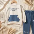 Milo Unisex Çocuk Bej & Mavi Funny Time Ayıcık Baskılı Kanguru Cepli Sweatshirt ve Jogger Alt Üst Takım