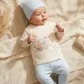 Nova Pamuklu 3’lü Bebek Takımı - 0-3 Ay Mavi Fitilli Legging, Uzay Temalı Kruvaze Üst Alt ve Bere Seti